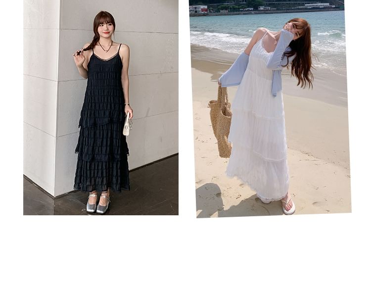 Spaghetti Strap Plain Tiered Midi A-Line Dress