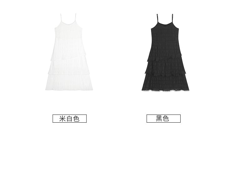Spaghetti Strap Plain Tiered Midi A-Line Dress