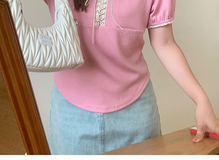 Short Sleeve Lace Up Square Neck Slim Fit Tee