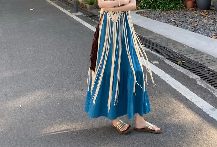 Spaghetti Strap Plain Panel Maxi A-Line Dress / Plain Fringe Long Camisole Top