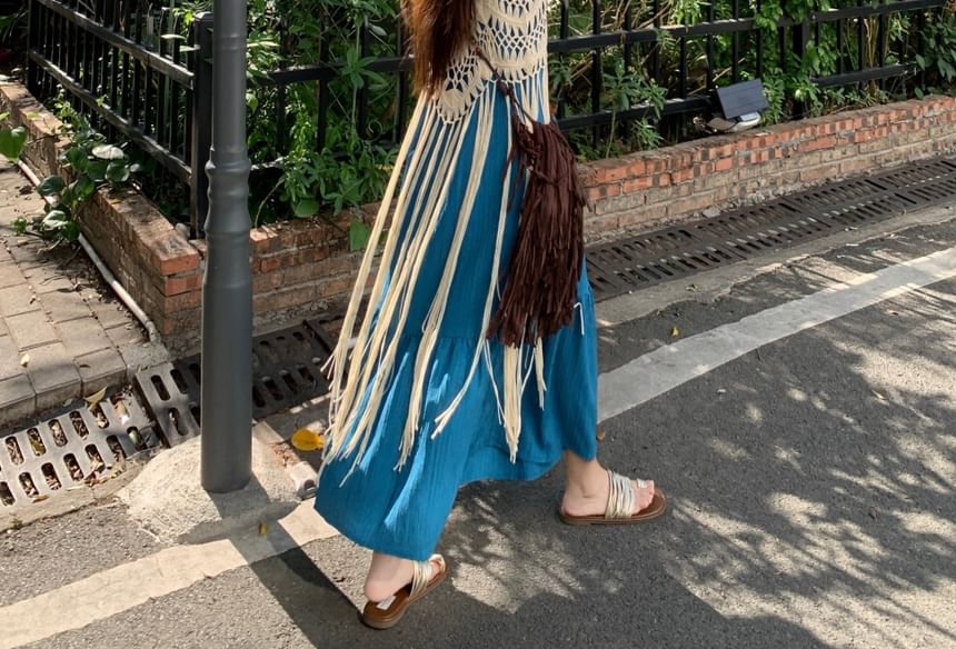 Spaghetti Strap Plain Panel Maxi A-Line Dress / Plain Fringe Long Camisole Top