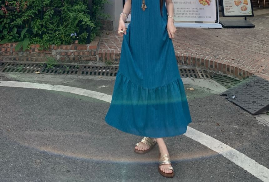 Spaghetti Strap Plain Panel Maxi A-Line Dress / Plain Fringe Long Camisole Top