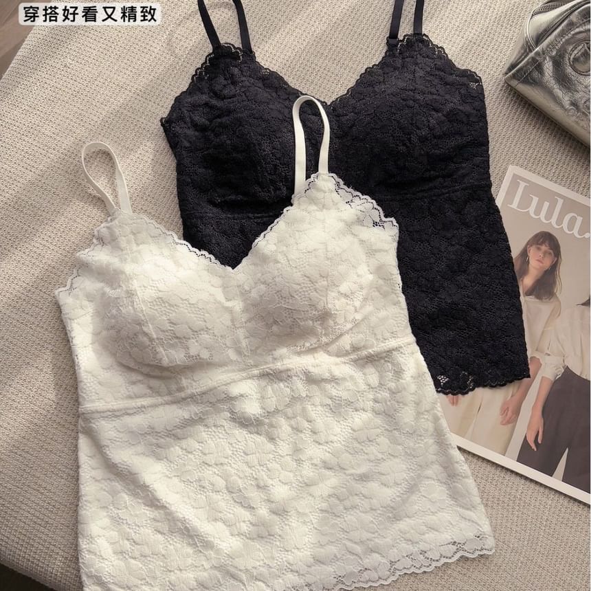 Padded Lace V Neck Crop Cami Top