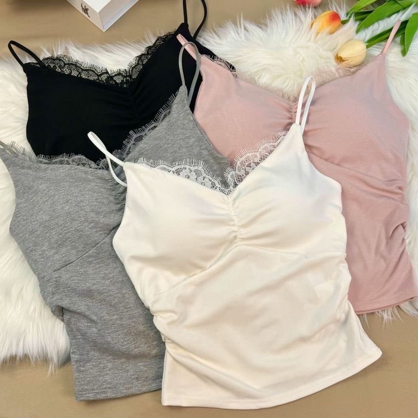 Ruched Padded Lace Trim V Neck Crop Cami Top