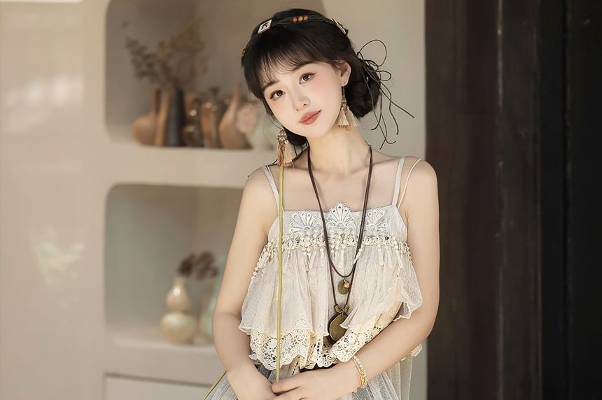 Lace Panel Layered Fringed Cami High Low Skirt Set