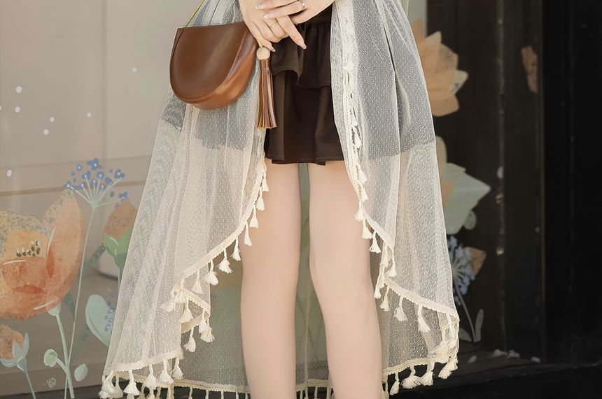 Lace Panel Layered Fringed Cami High Low Skirt Set