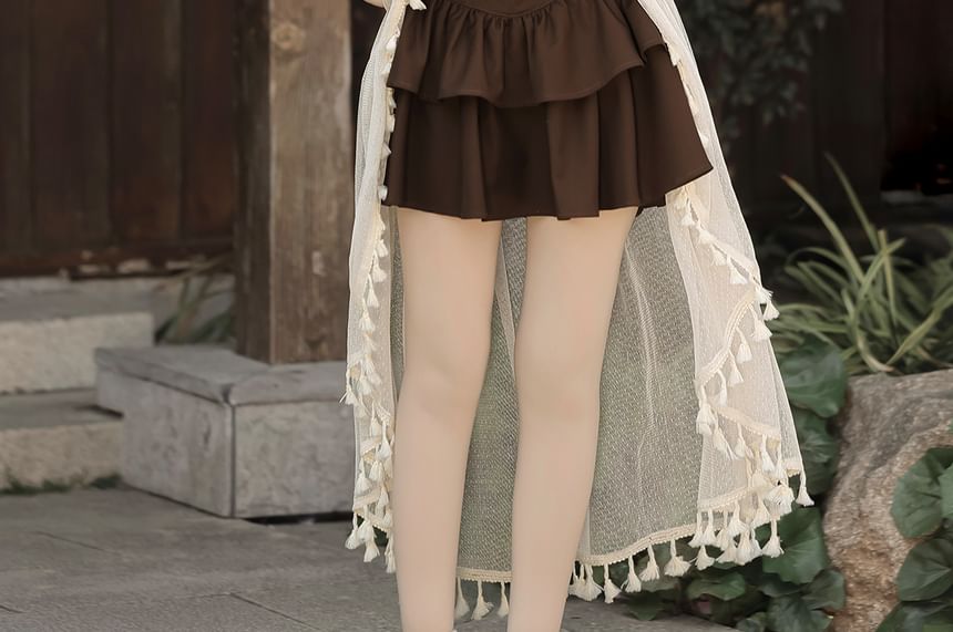 Lace Panel Layered Fringed Cami High Low Skirt Set