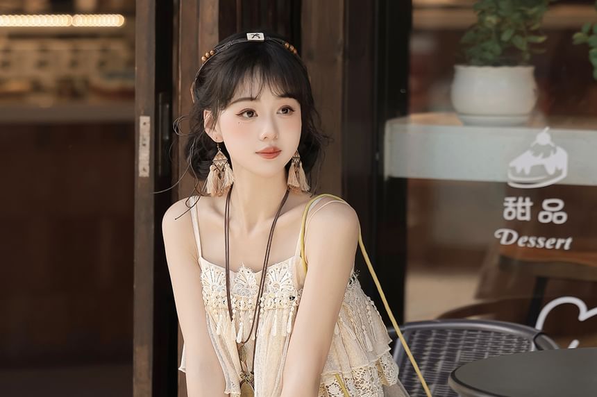 Lace Panel Layered Fringed Cami High Low Skirt Set