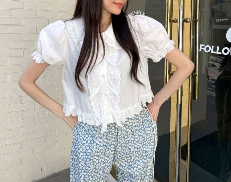 Puff Sleeve Lace Trim Peter Pan Collar Crop Blouse
