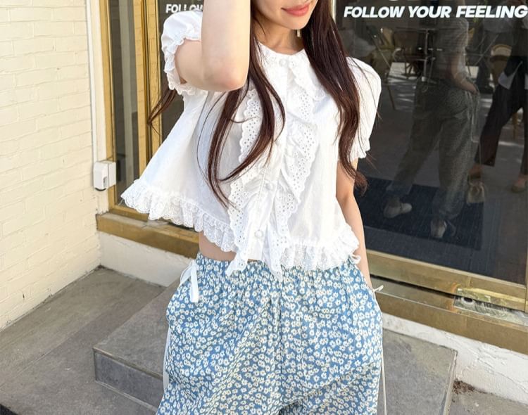 Puff Sleeve Lace Trim Peter Pan Collar Crop Blouse