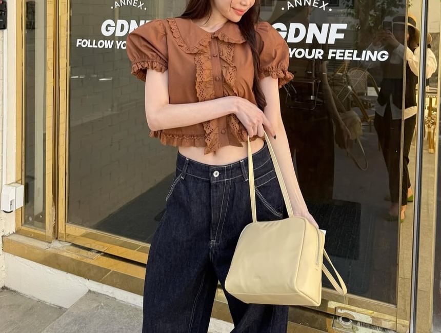 Puff Sleeve Lace Trim Peter Pan Collar Crop Blouse