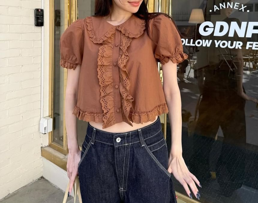 Puff Sleeve Lace Trim Peter Pan Collar Crop Blouse