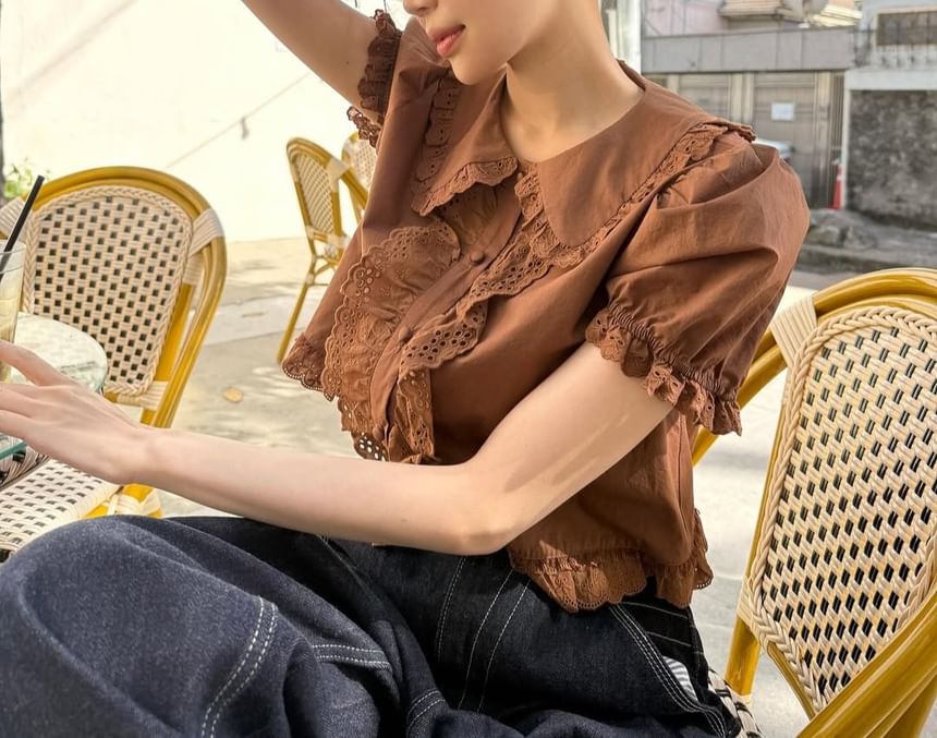Puff Sleeve Lace Trim Peter Pan Collar Crop Blouse