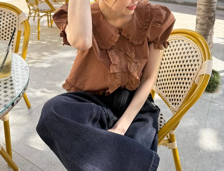 Puff Sleeve Lace Trim Peter Pan Collar Crop Blouse
