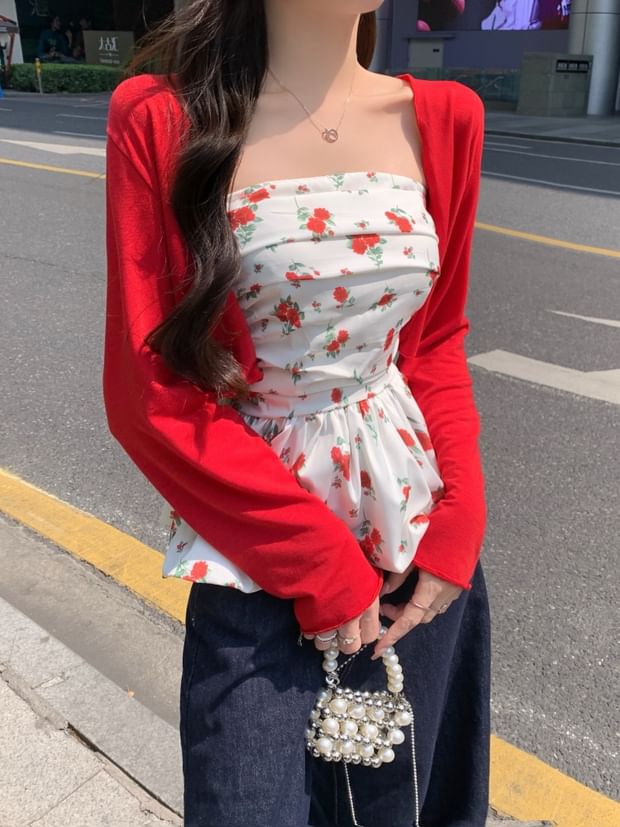 Floral Peplum Tube Top / Crop Cardigan