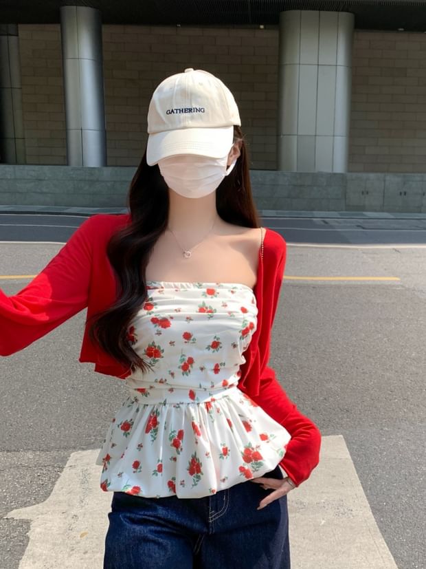 Floral Peplum Tube Top / Crop Cardigan