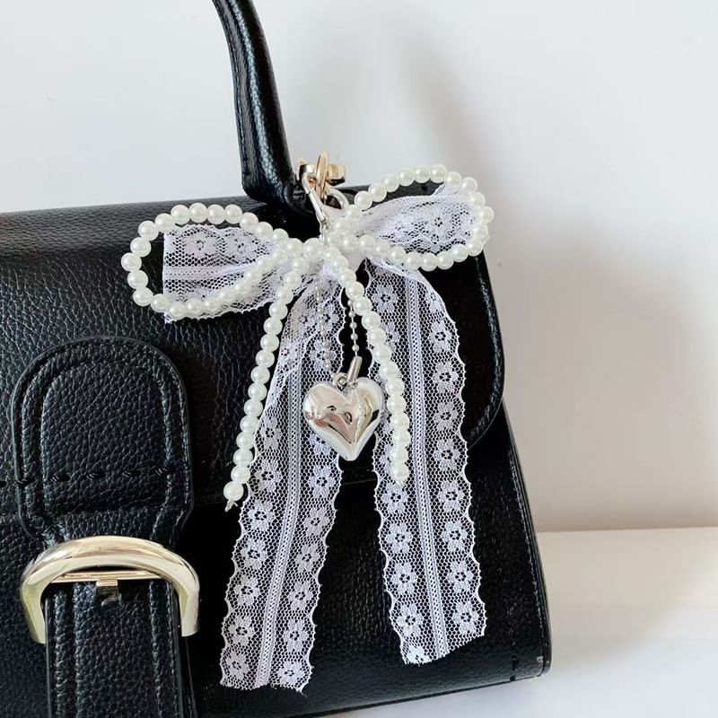 Lace Bow Faux Pearl Heart Alloy Bag Charm Keyring