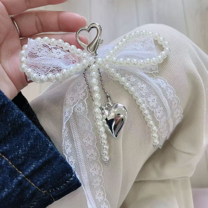 Lace Bow Faux Pearl Heart Alloy Bag Charm Keyring