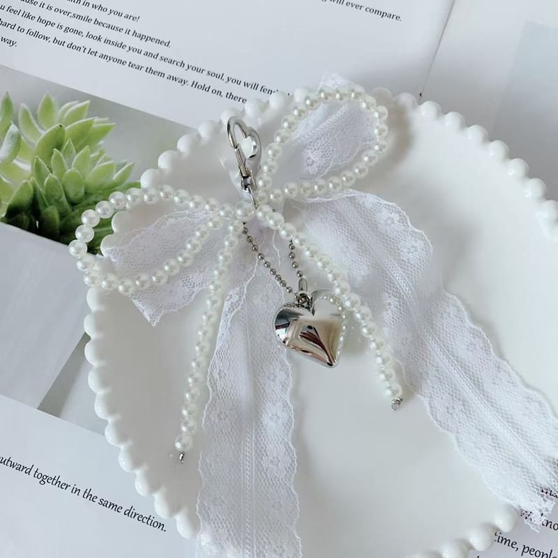 Lace Bow Faux Pearl Heart Alloy Bag Charm Keyring