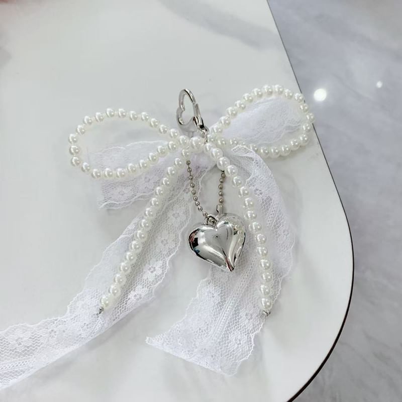 Lace Bow Faux Pearl Heart Alloy Bag Charm Keyring