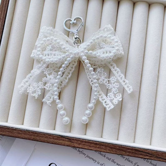 Lace Bow Faux Pearl Bag Charm Keyring
