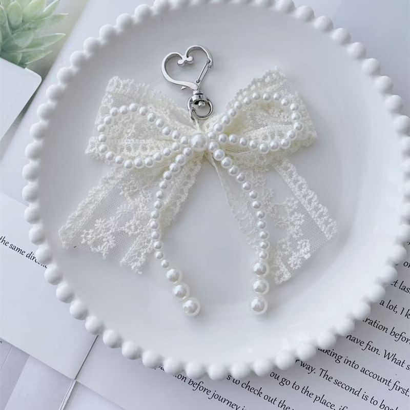 Lace Bow Faux Pearl Bag Charm Keyring