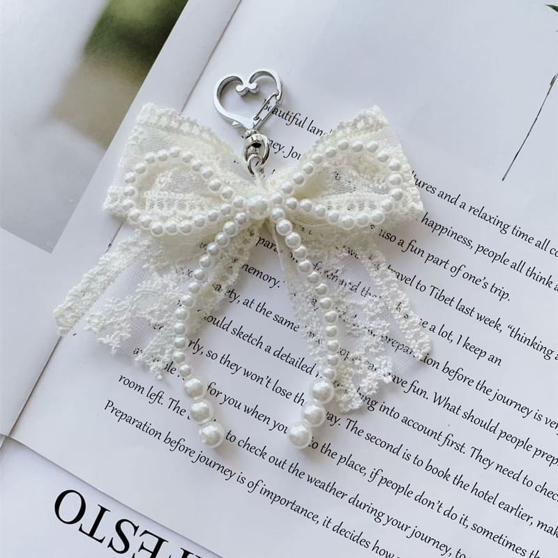Lace Bow Faux Pearl Bag Charm Keyring