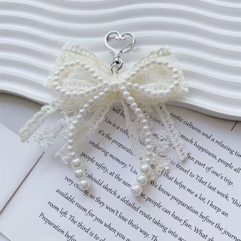 Lace Bow Faux Pearl Bag Charm Keyring