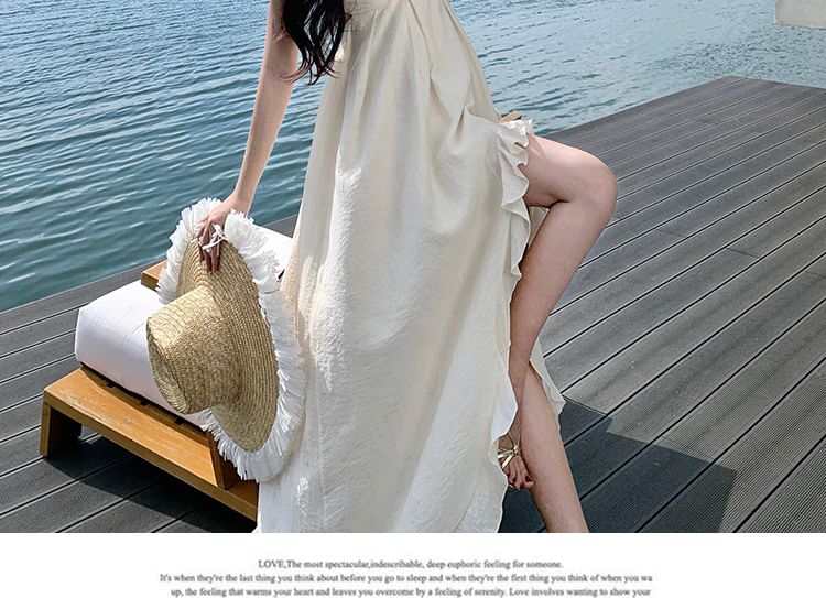 Spaghetti Strap V-Neck Plain Ruffle Asymmetrical Maxi A-Line Dress