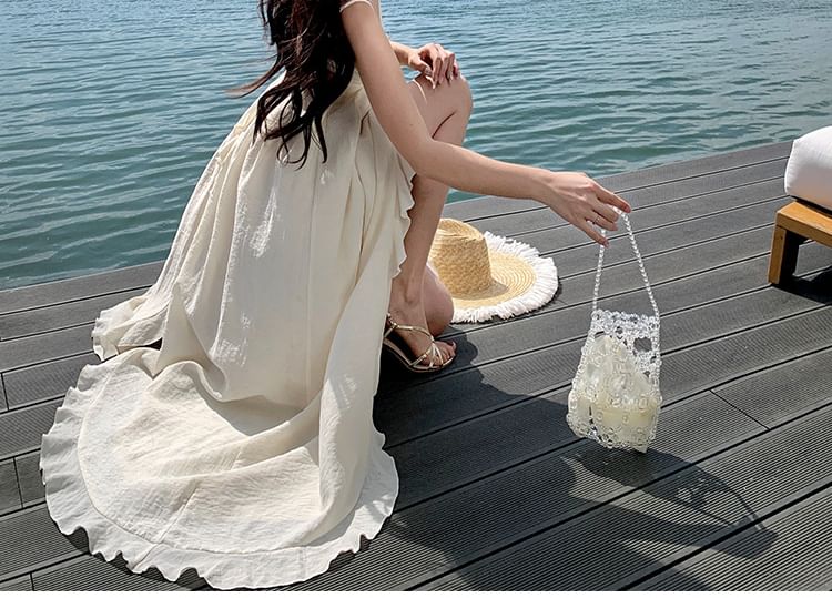 Spaghetti Strap V-Neck Plain Ruffle Asymmetrical Maxi A-Line Dress