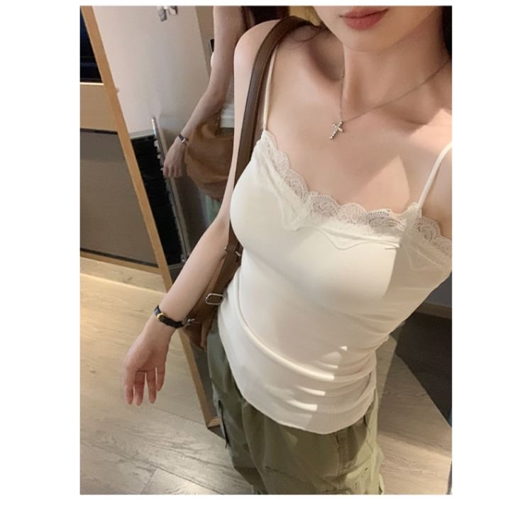 Lace Trim Spaghetti Strap V Neck Camisole Top