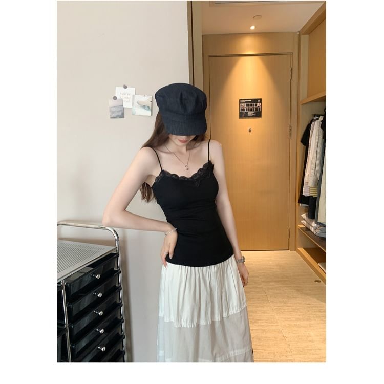 Lace Trim Spaghetti Strap V Neck Camisole Top