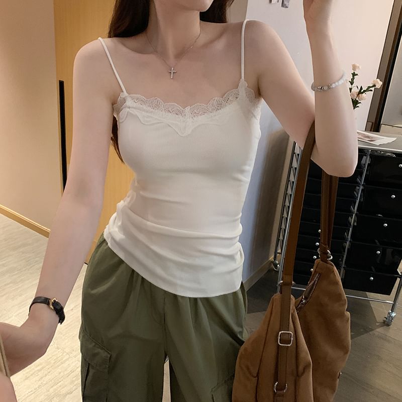 Lace Trim Spaghetti Strap V Neck Camisole Top