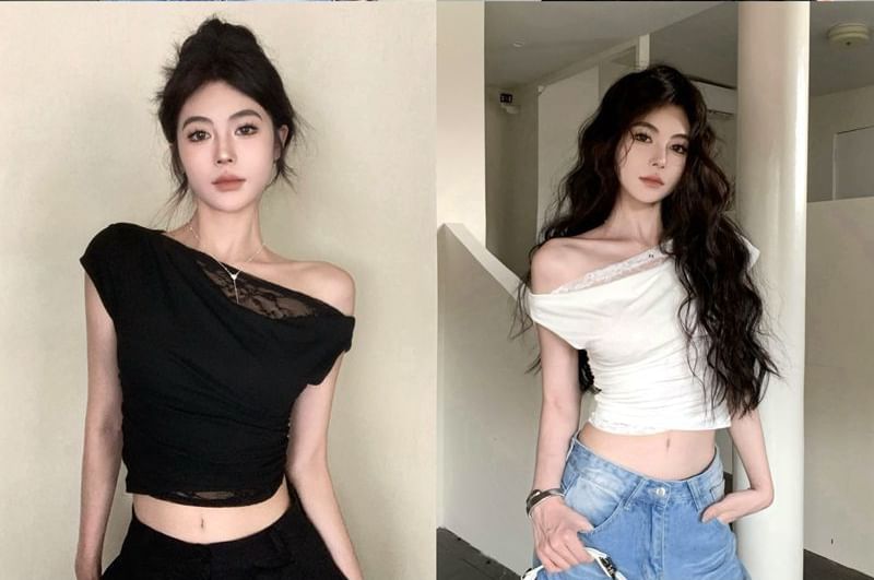 One-Shoulder Cropped Lace Trim Tee