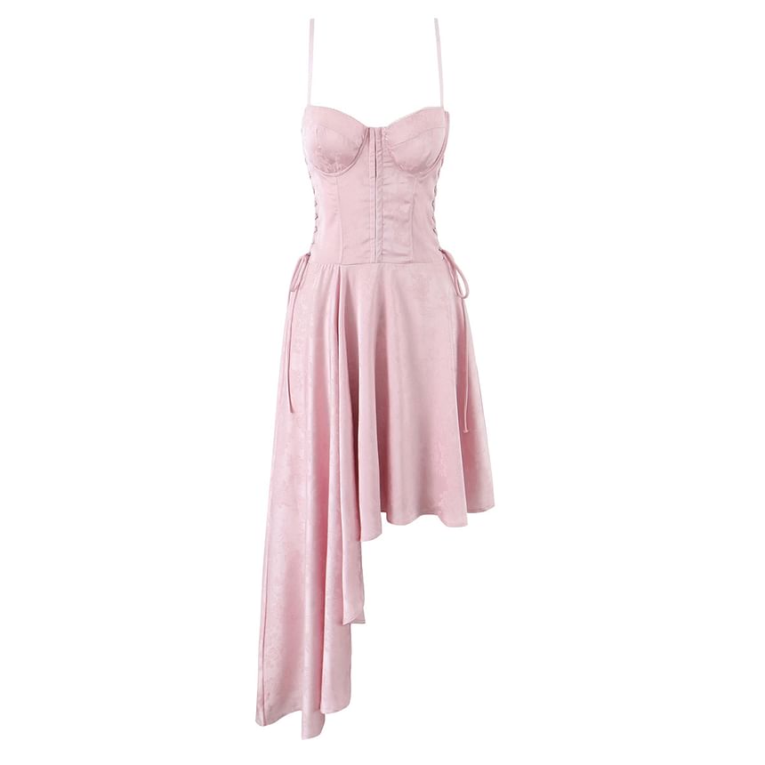 Spaghetti Strap Plain Asymmetrical Lace-Up Midi A-Line Dress