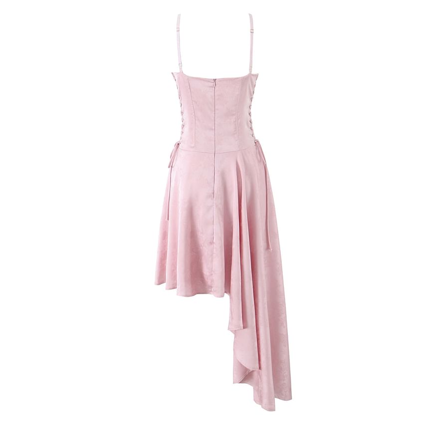 Spaghetti Strap Plain Asymmetrical Lace-Up Midi A-Line Dress