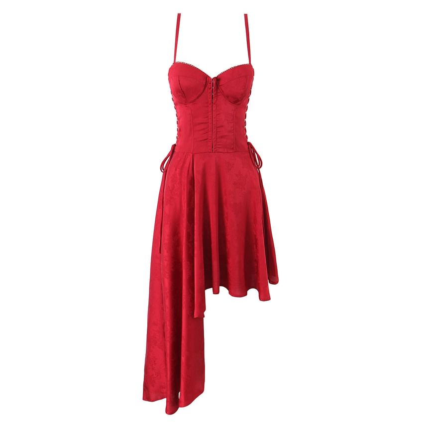 Spaghetti Strap Plain Asymmetrical Lace-Up Midi A-Line Dress