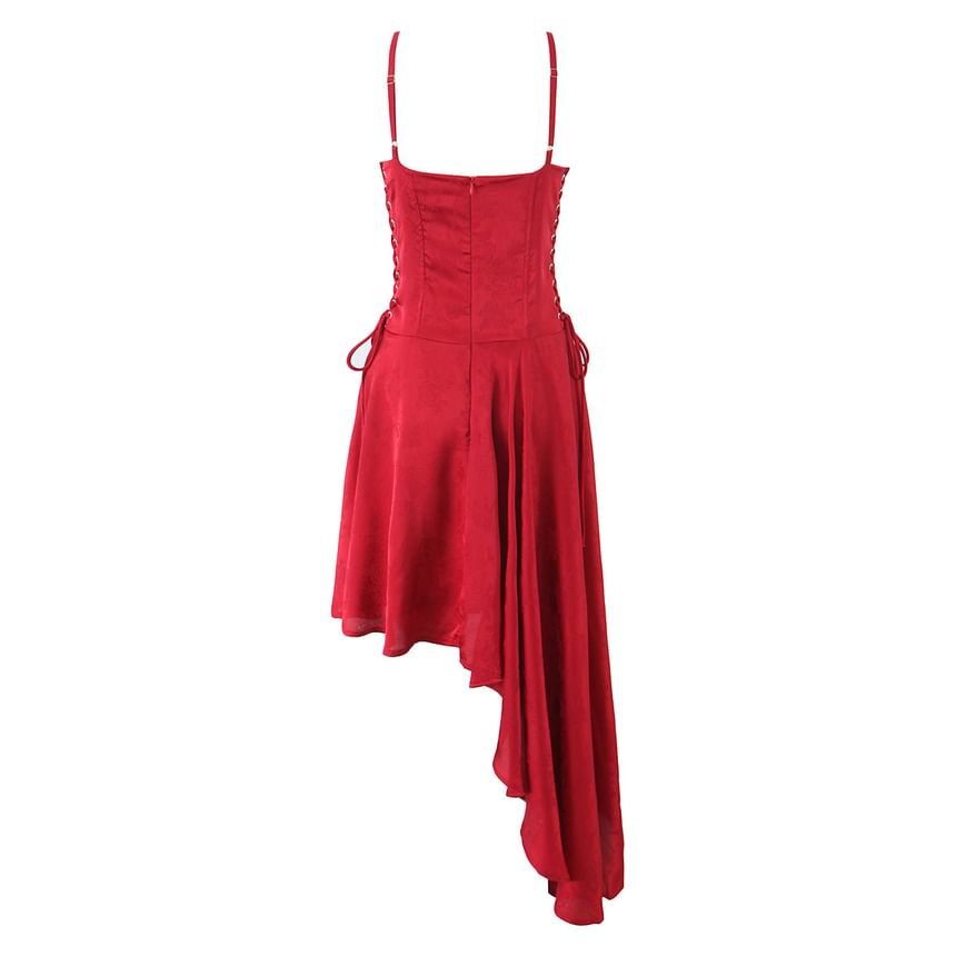 Spaghetti Strap Plain Asymmetrical Lace-Up Midi A-Line Dress