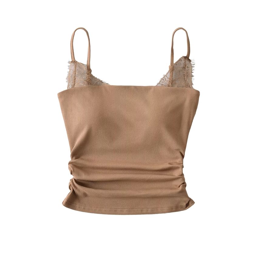 Ruched Ribbed Lace Trim Camisole Top