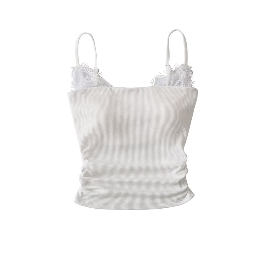 Ruched Ribbed Lace Trim Camisole Top