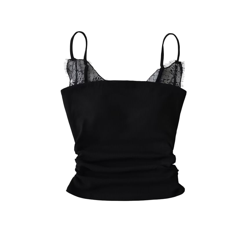 Ruched Ribbed Lace Trim Camisole Top