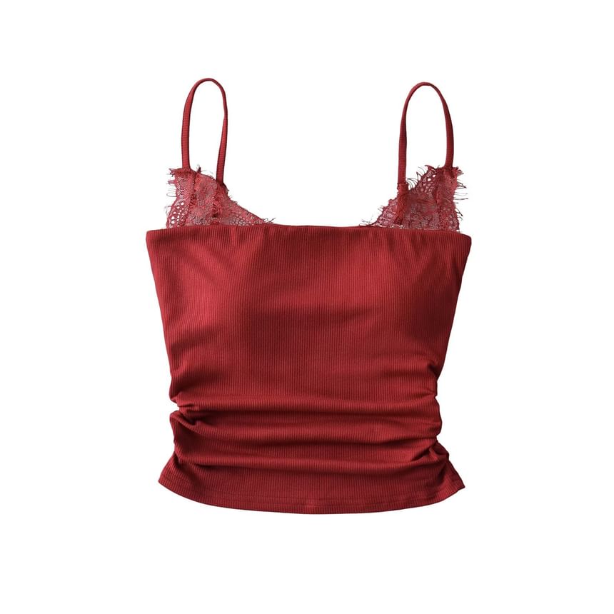 Ruched Ribbed Lace Trim Camisole Top