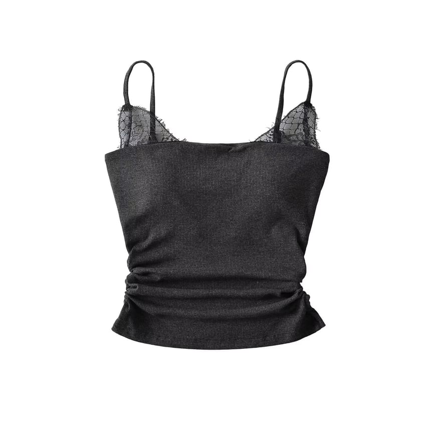 Ruched Ribbed Lace Trim Camisole Top