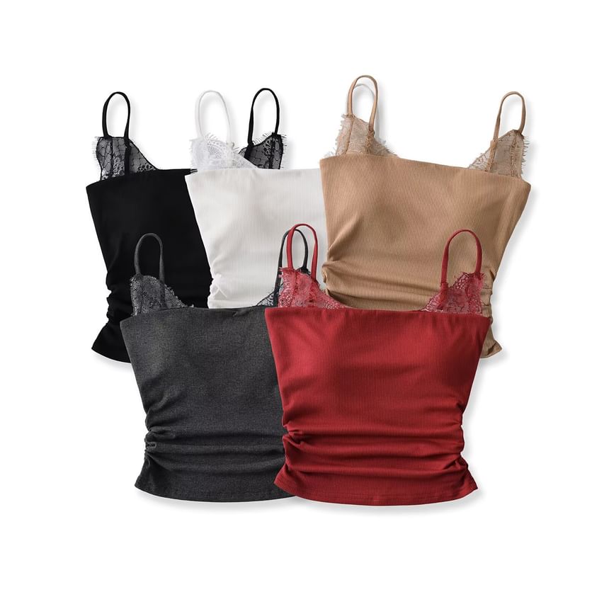 Ruched Ribbed Lace Trim Camisole Top