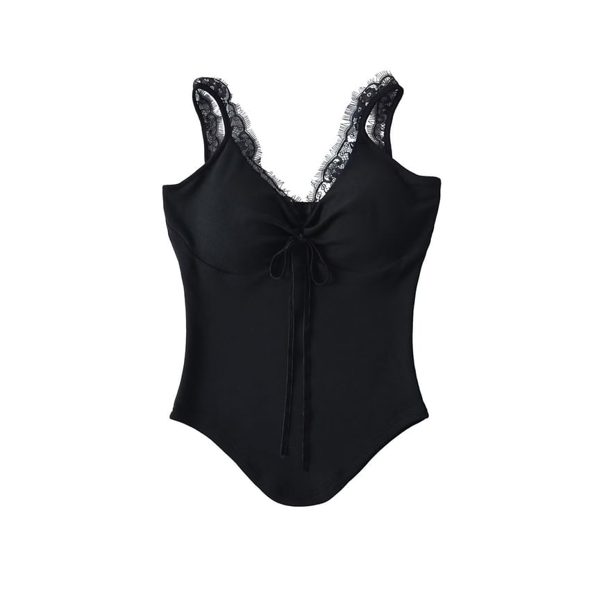 Asymmetrical Lace Trim V-Neck Cami Top