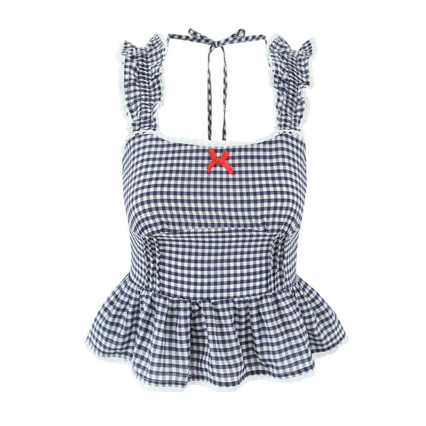 Sleeveless Gingham Lace Ruffle Peplum Top