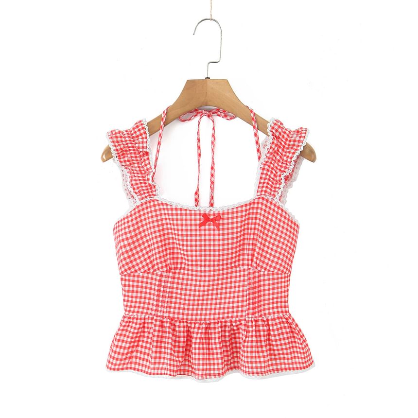 Sleeveless Gingham Lace Ruffle Peplum Top