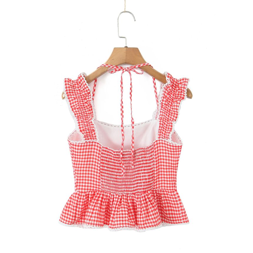 Sleeveless Gingham Lace Ruffle Peplum Top