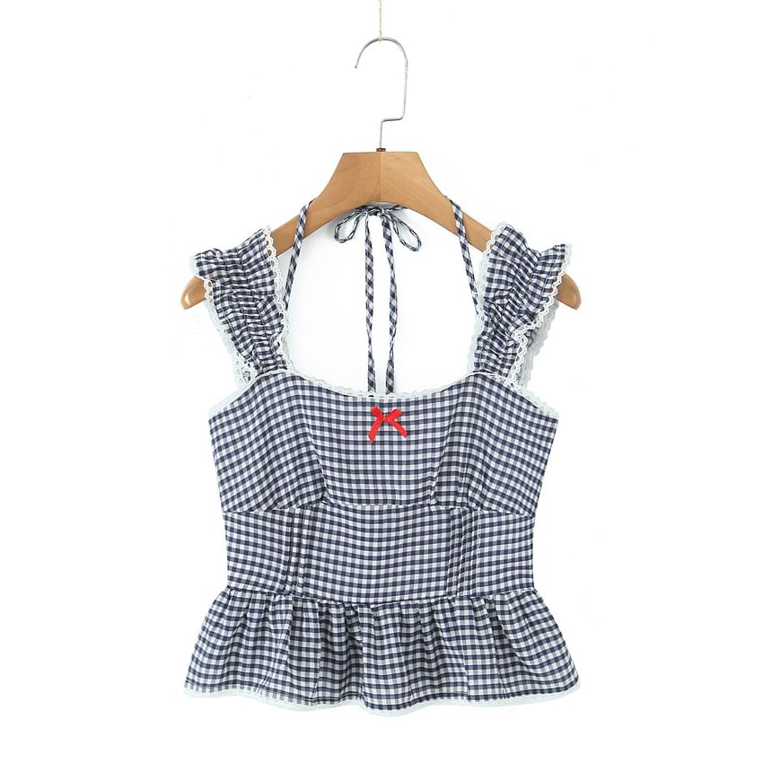 Sleeveless Gingham Lace Ruffle Peplum Top