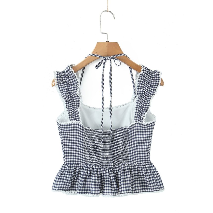 Sleeveless Gingham Lace Ruffle Peplum Top